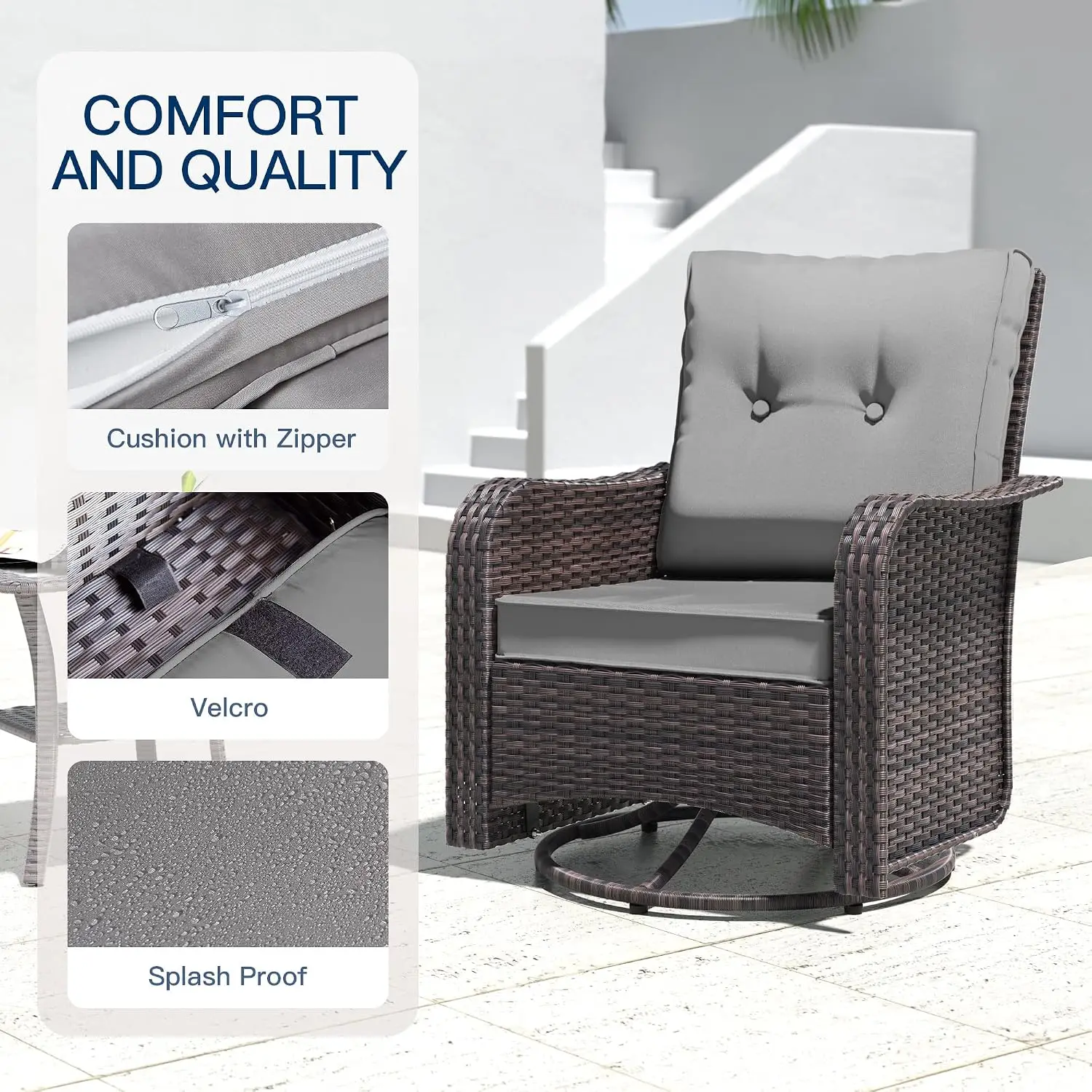 3PCS Wicker Swivel Rocking Chair Patio Furniture Set With Coffee Table For Outdoor Porch Deck Garden, Grey, Customized