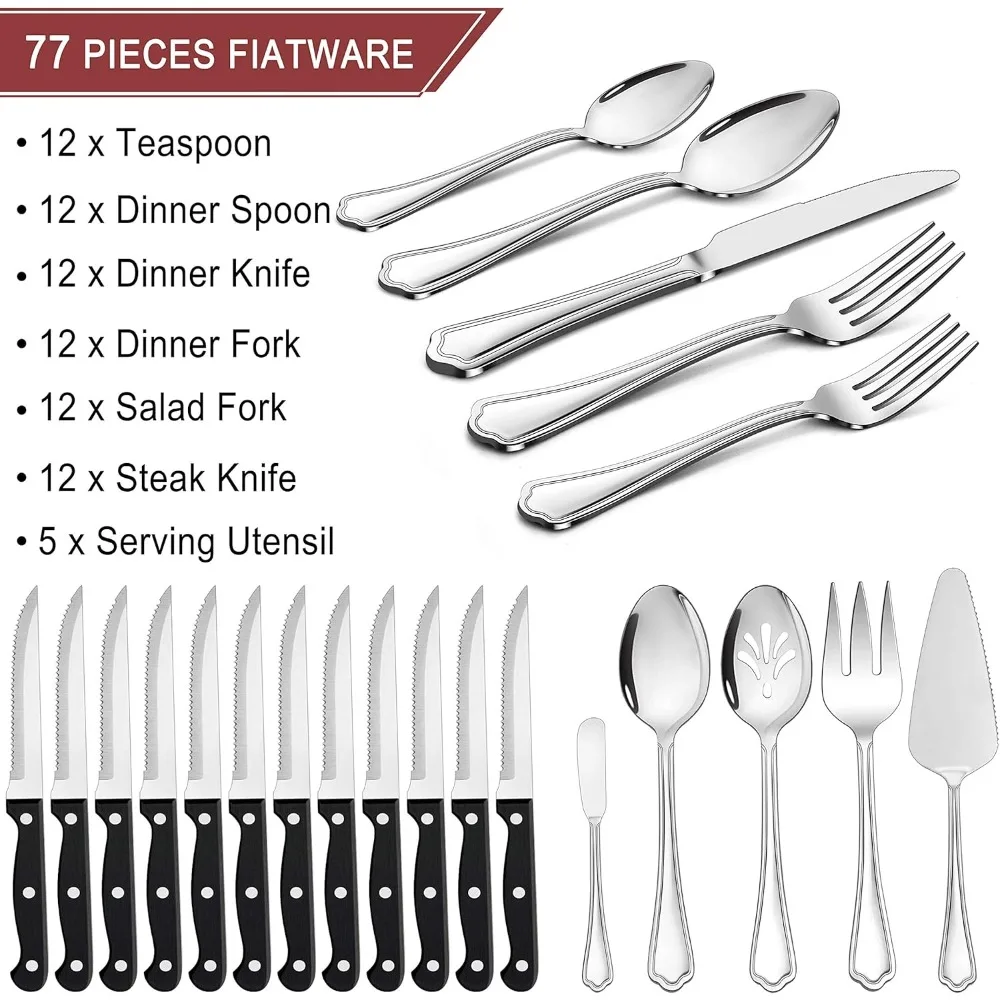 مجموعة أدوات فضية من الفولاذ المقاوم للصدأ مكونة من 77 قطعة من LIANYU تتسع لـ 12 شخصًا، بما في ذلك سكاكين اللحم وأدوات التقديم