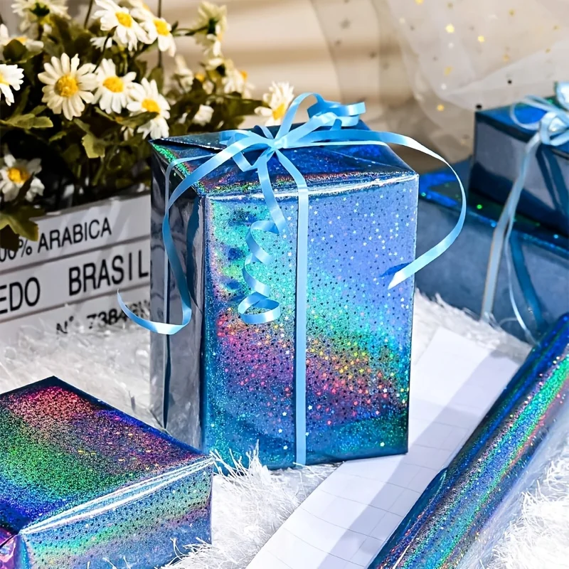 Blaues Farbverlauf-Stern-Geschenkpapier, Holografischer Stern. Für Geburtstage, Abschlussfeiern, Hochzeiten, Babypartys und Themenpartys – Detail 4