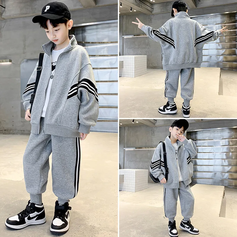 2024 autumn winter Boy tracksuit striped Teenager Clothes jacket zipper hooded + sport Ankle-tied Pant Children set 8 10 12 year