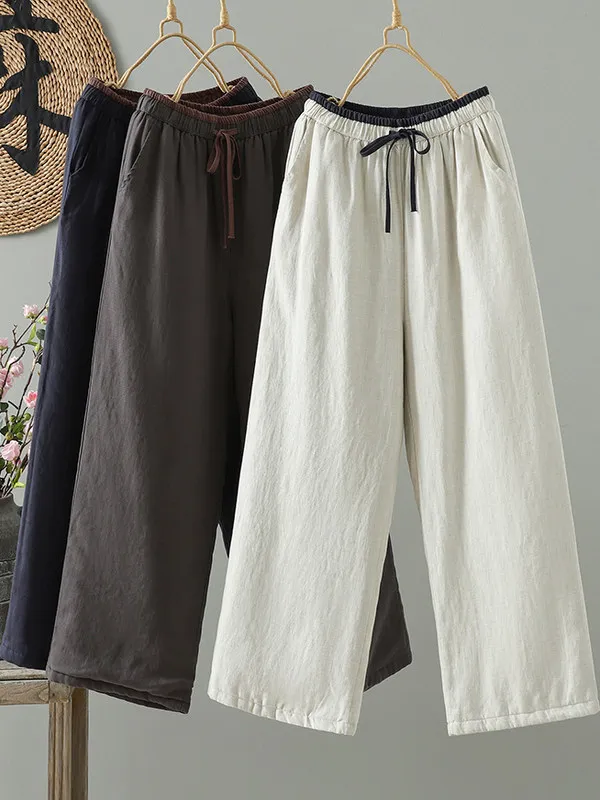 

Зимние повседневные женские брюки с высокой талией, свободного кроя, прямые, больших размеров, с эффектом похудения, с хлопковой подкладкой, теплые, широкие штанины