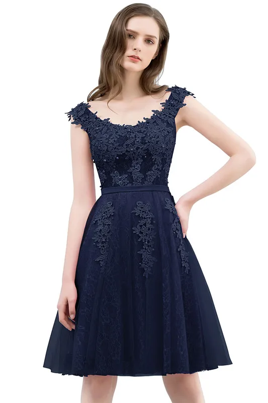 Short Evening Dresses  Underlaid V-neckline Floral Embroidery Pearls Beads Top Deep Back A Line Knee-Length Gown Prom Party