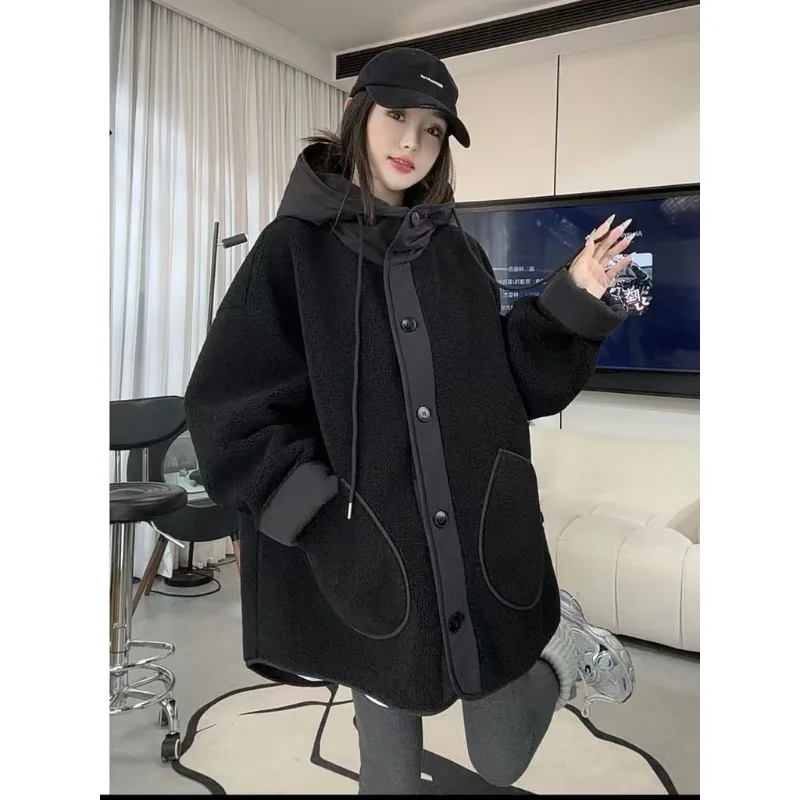 

Fur Integrated Lamb Wool Coat Women's Autumn and Winter New Small Fashion Splicing Loose and Thin Hooded Top Trendy Jackets Coat