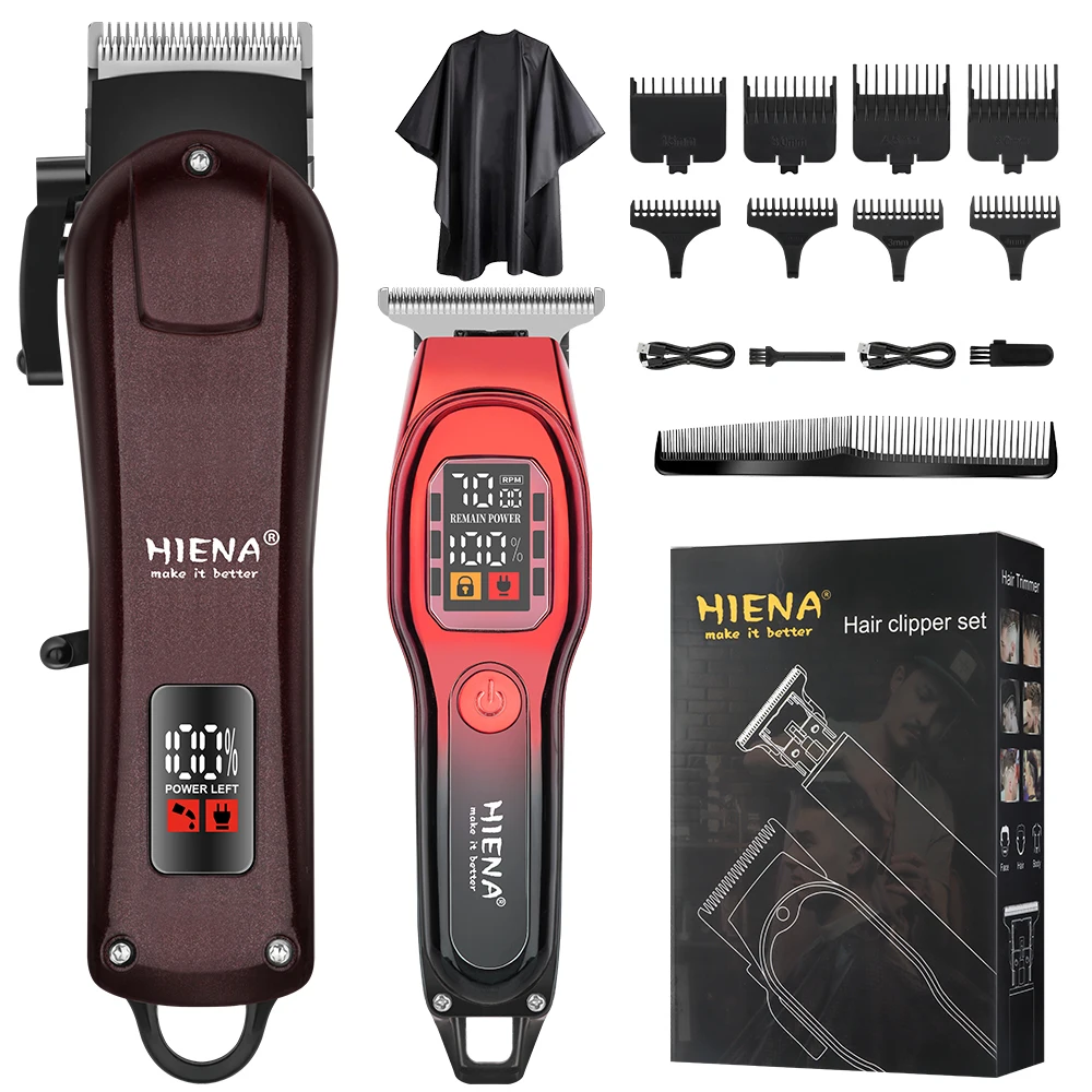 

HIENA 2-in-1 Barber Clipper & Trimmer Kit, Cordless LCD Hair Cutting Set with Cape, Combs & Full Accessories for Men