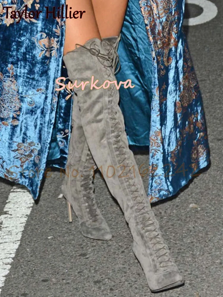

Vintage Suede Lace Up Over The Knee Stretch Boots Pointed Toe Thin Heels Solid Sock Boots Spring Autumn Casual Modern Boots 46