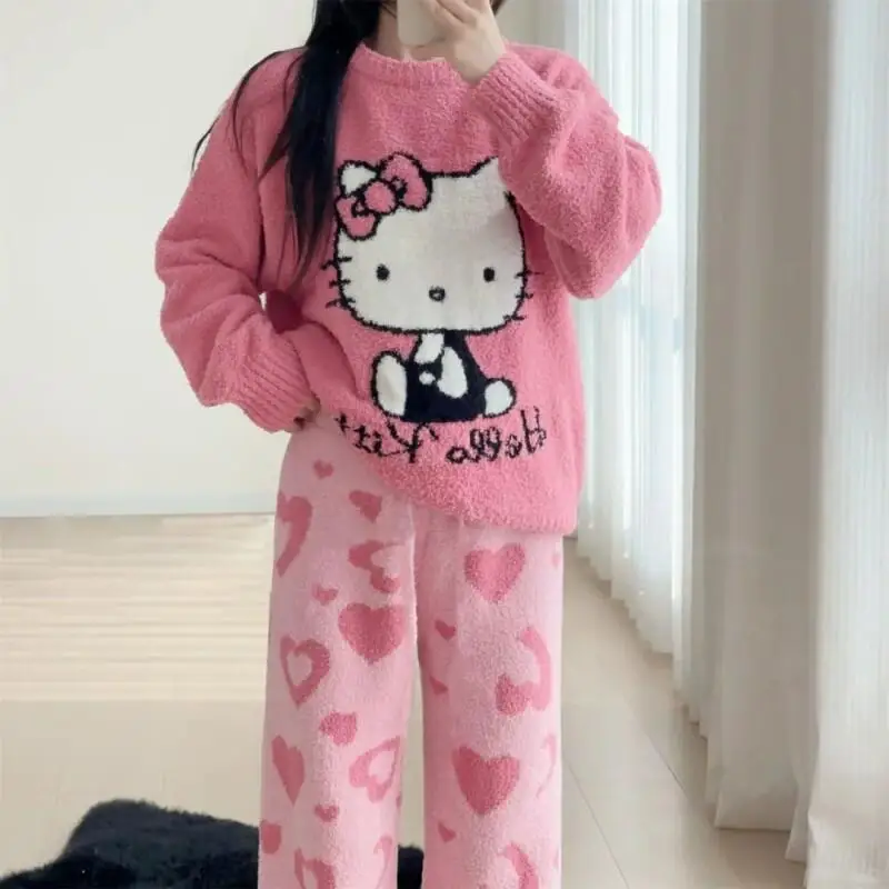 

Sanrio Hello Kitty Women's Soft Plush Round Neck Pullover Pajama Set Winter Thick Warm Cozy Cute Home Loungewear Sleepwear