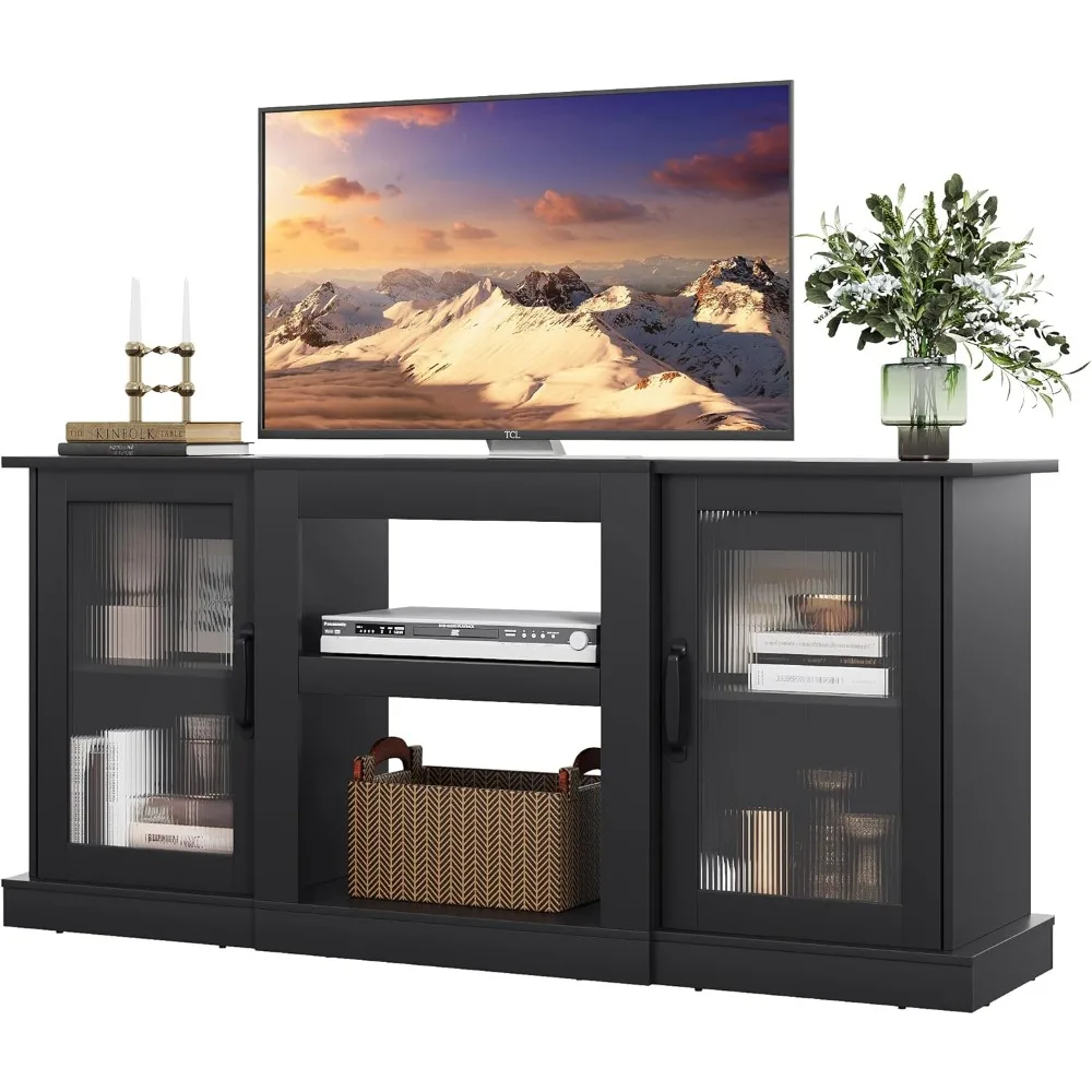 Retro TV Stand for 65 inch TV, TV Console Cabinet with Storage, Open Shelves Entertainment Center mueble para tv