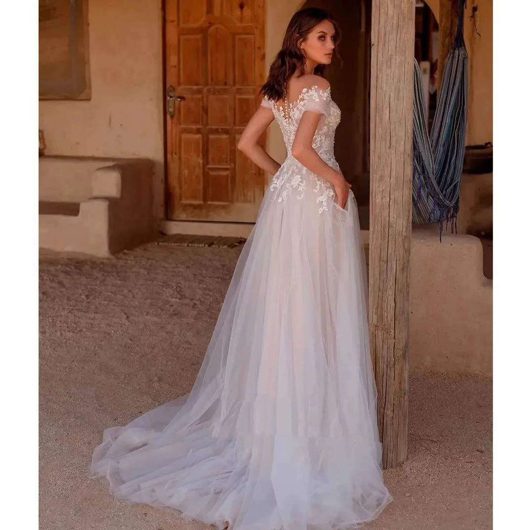 Vestido de novia de manga larga con cuello en V y Espalda descubierta, traje elegante de princesa de encaje, personalizado, 2024