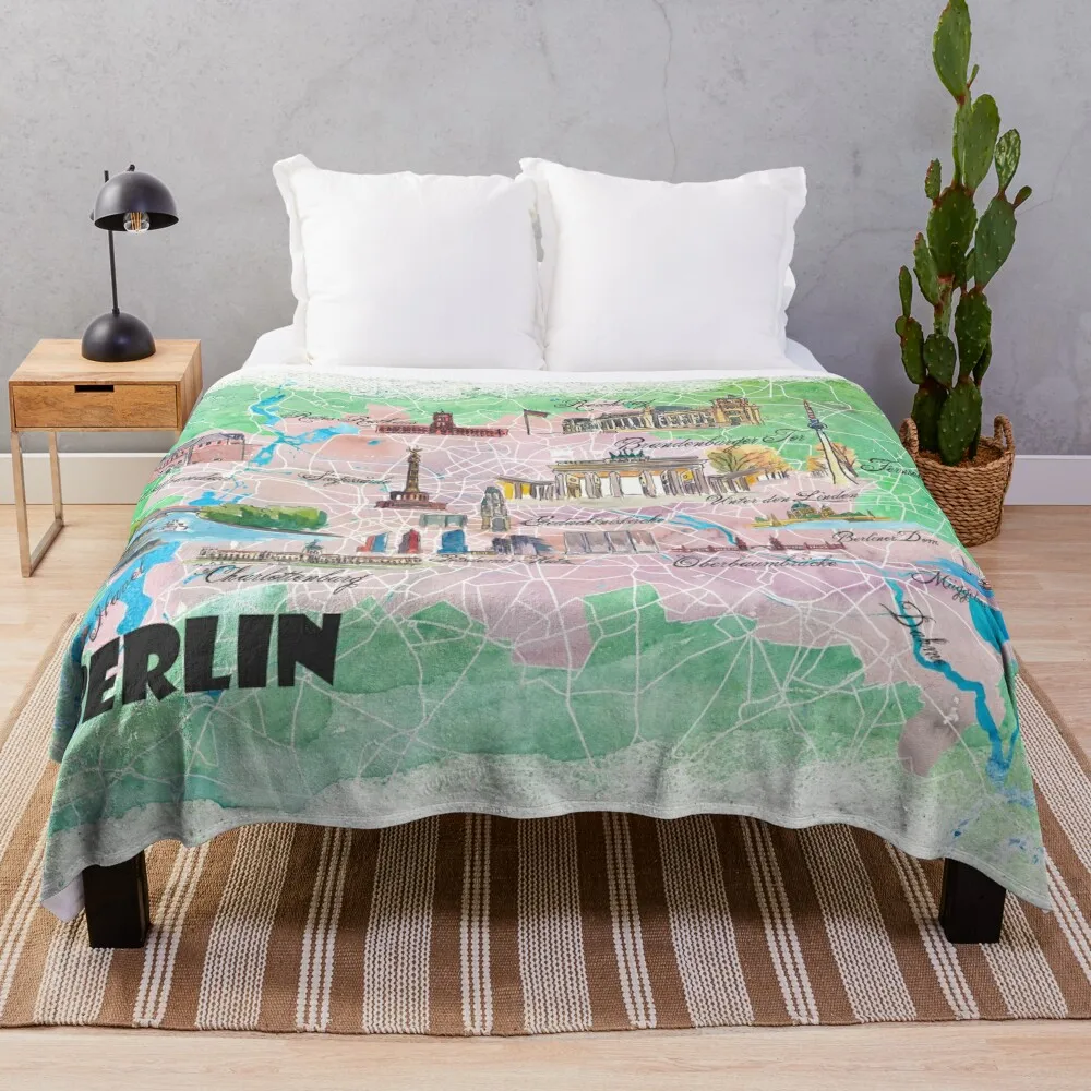 Berlin Germany Illustrated Map with Main Roads Landmarks and Highlights Throw Blanket Beach blankets ands Blankets