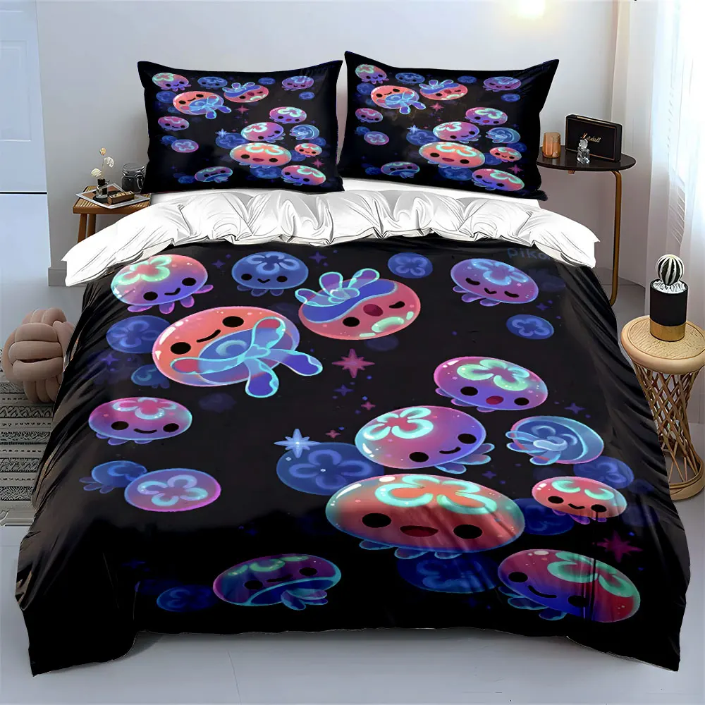 Cute Jellyfish Floating in Night Sky Print Bedding Set 1 Duvet Cover 2 Pillowcases for Adult and Children Luxury Gift Full Size