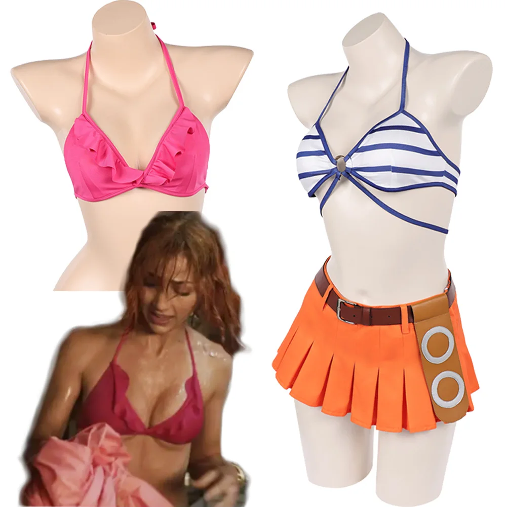 Disfraz de Nami, Bikini Rosa, Traje de Baño, Disfraz de Pirata de la Serie de TV Live Action, Ropa Sexy para Halloween y Carnaval para Mujeres Adultas