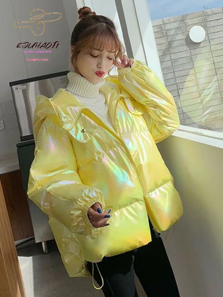 

Women's Jacket Colorful Glossy Surface Hooded Cotton Coat Winter Korean Fashion Thicken Parkas Womens Clothing Loose Warm Tops