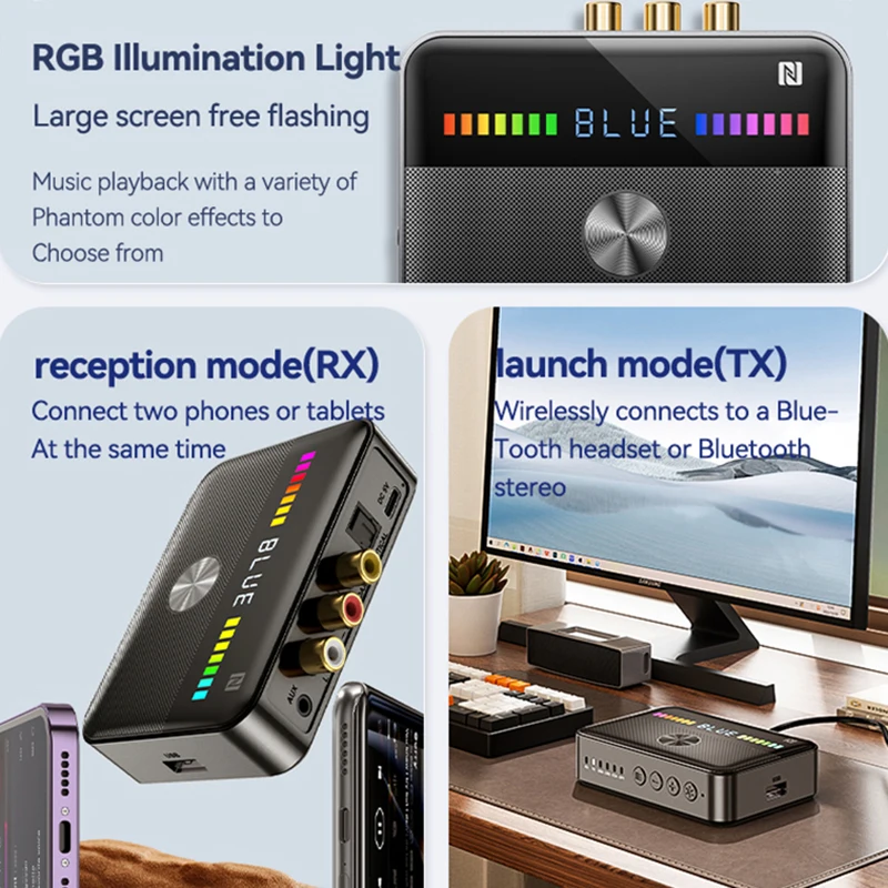 NFC Bluetooth 5.3 Receiver Transmitter DAC Converter With RGB Light Digital To Analog Audio Adapter For TV Computer Car Speaker