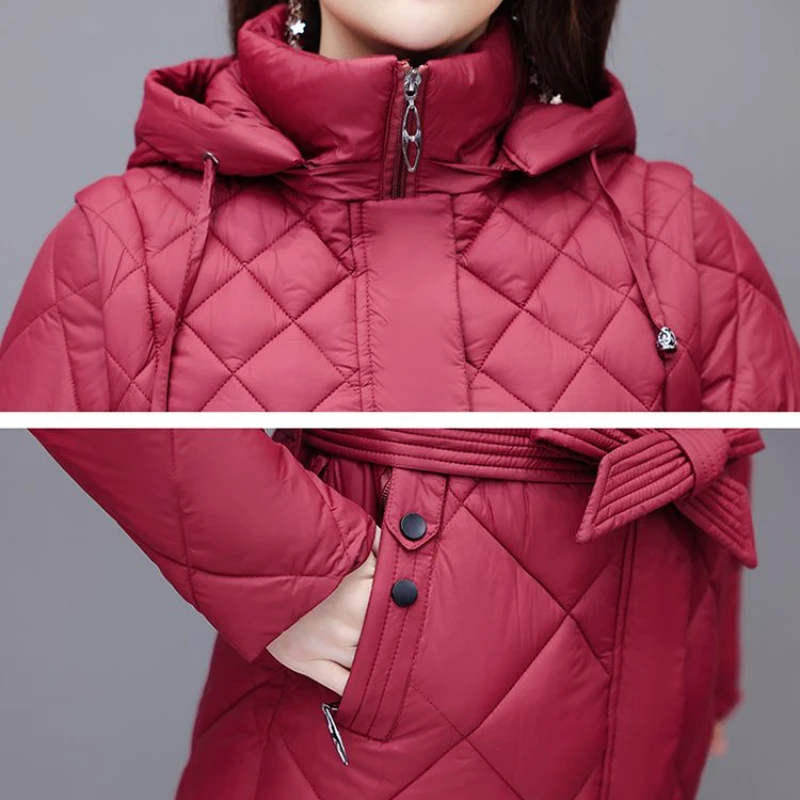 Jaqueta de algodão com capuz para mulheres, casaco acolchoado, comprimento médio, slim, mangas removíveis, sobretudo quente, novo, inverno, 23