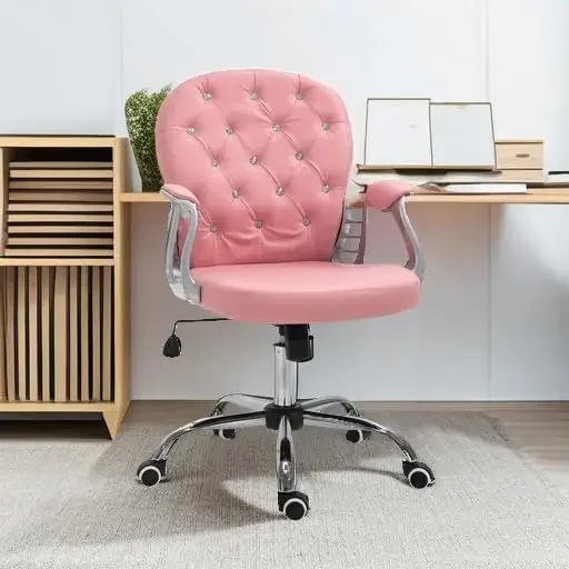 Silla de oficina en casa de cuero PU, silla de escritorio capitoné con botones y reposabrazos acolchados, altura ajustable y ruedas giratorias, rosa