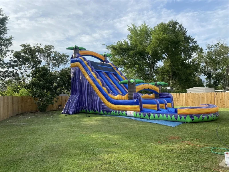 Commercial backyard palm tree jumping bouncer marble tropical water slide bounce house inflatable water slide with pool