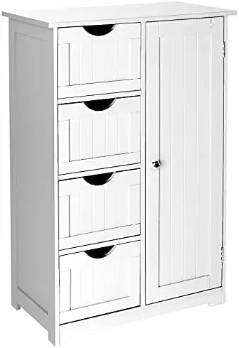 

Small Cabinet Wooden Bathroom Floor Cabinet Small Space White Side Organizer with 4 Drawers and 1 Cupboard Adjustable 22"