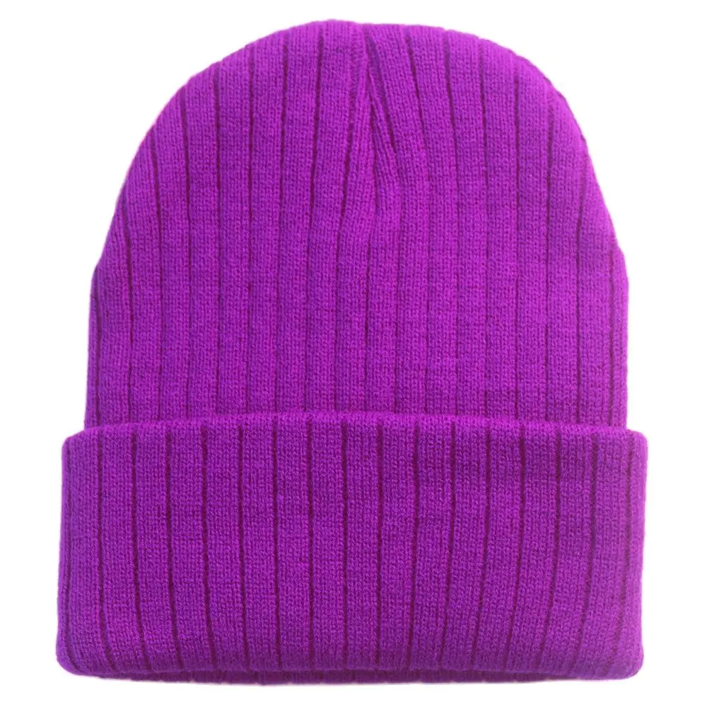 Snug Fit Ladies Knit Hats Winter Beanies Plain Neon Yellow Men\'s Skullies Stretch Soft Acrylic Pink Lt.purple