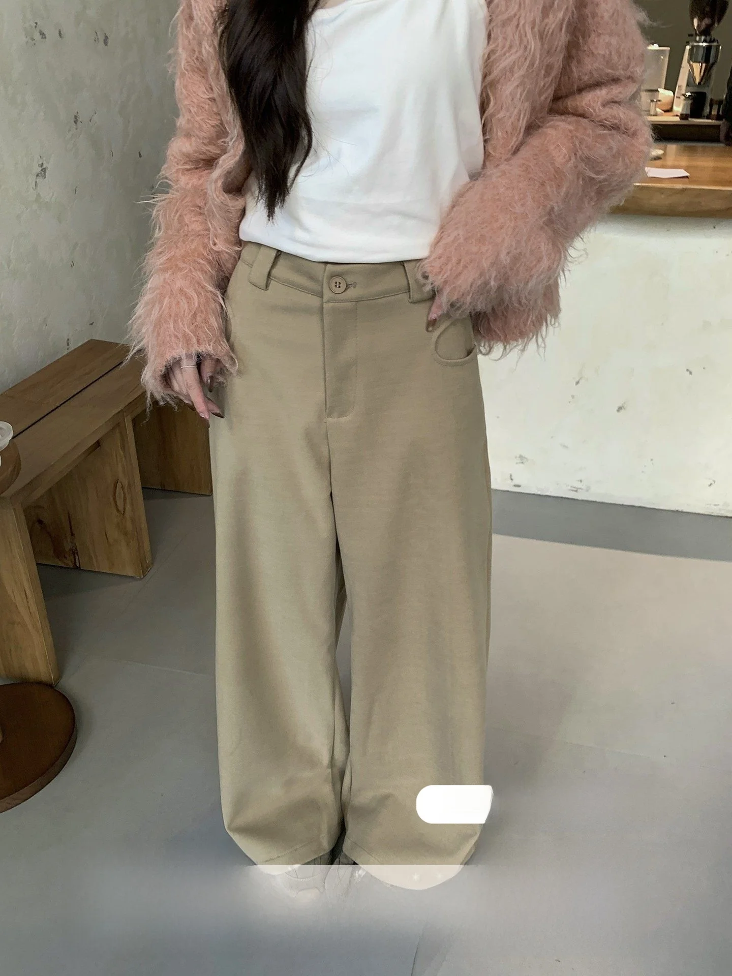 

Широкие повседневные брюки цвета хаки для женщин, свободные прямые брюки с высокой талией, утепленные зимние длинные брюки, мягкие и удобные, из полиэфирного волокна