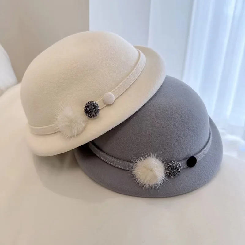 Japanese elegant rabbit hair ball round button beret for women Autumnwinter warm artist hat Australian woollen stewardess hat