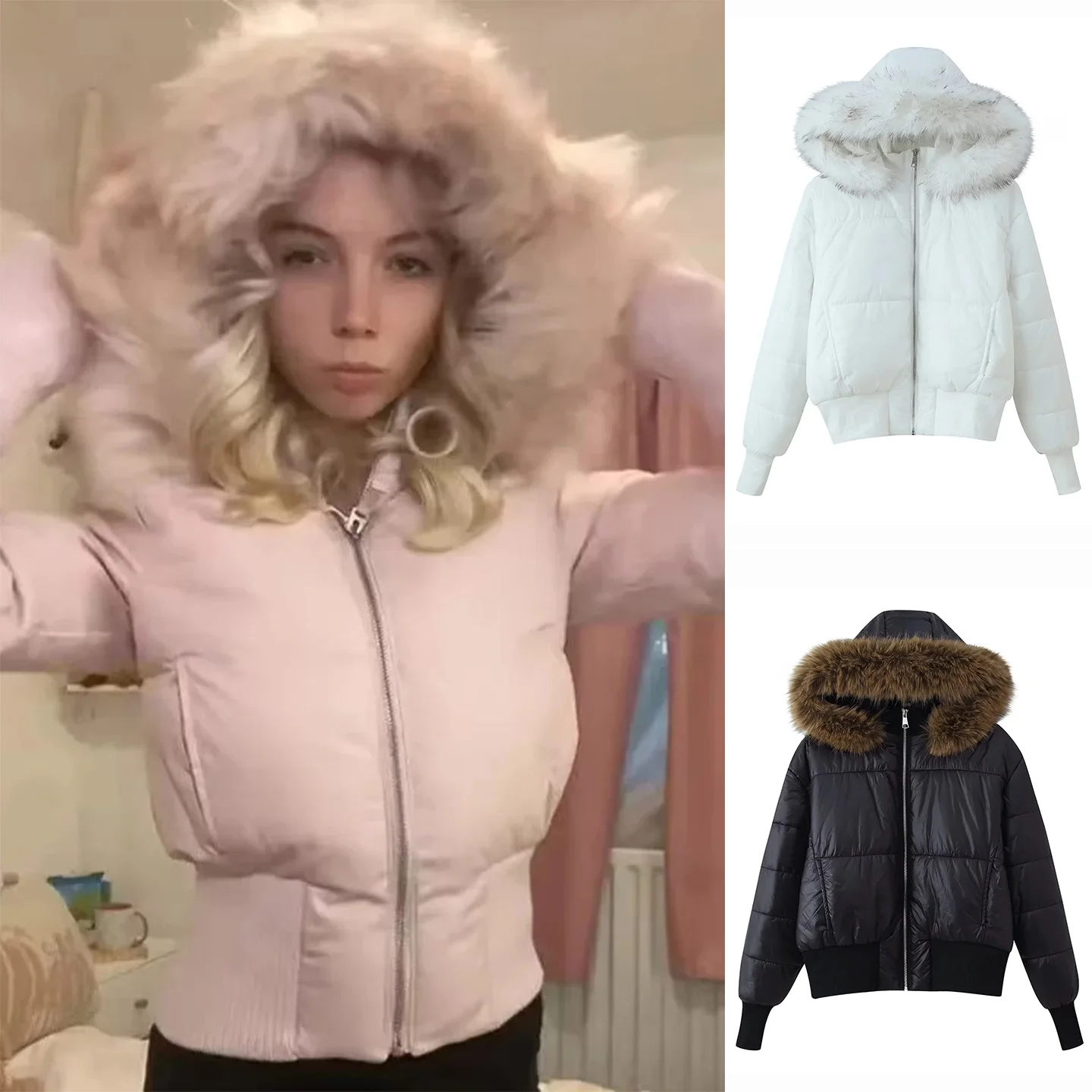 

Winter New Arrival Women's Slim Fit Cotton Jaet with Fur Collar Zipper Long Sve ort Sle Commute Faion Straight Cut