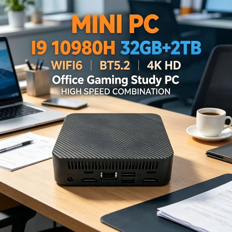 I9-10980HK High Performance Mini PC 32GB+2TB Large Storage WiFi6 Bluetooth Output Compact Design for Office Work Gaming Student