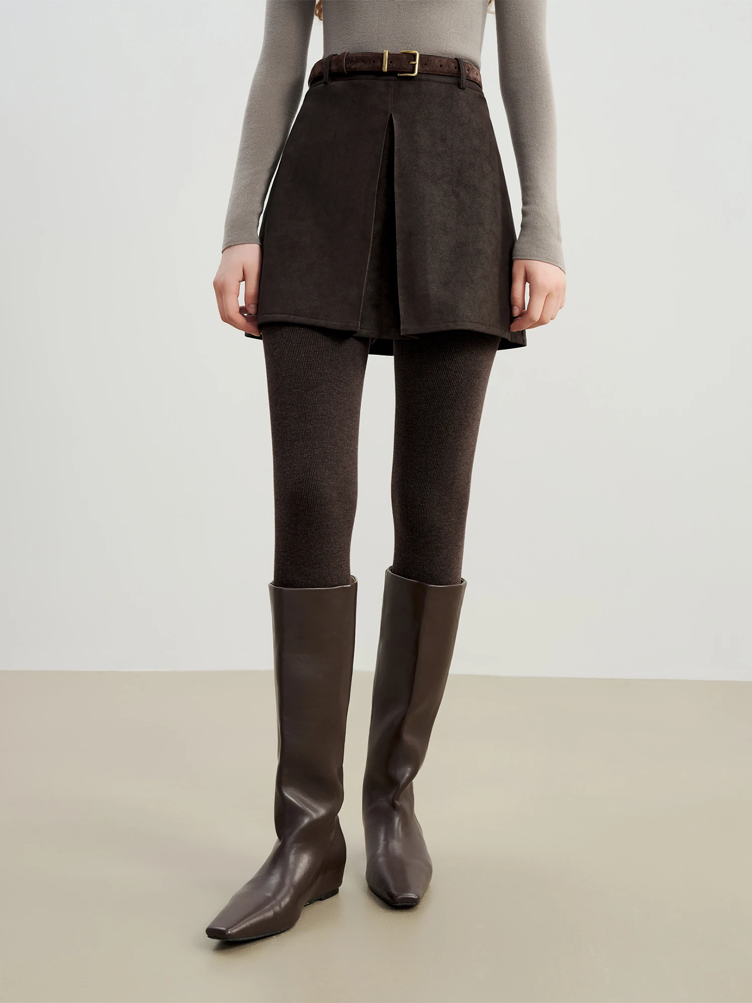 Retro Brown PU Leather High Waist Midi Skirt for Women