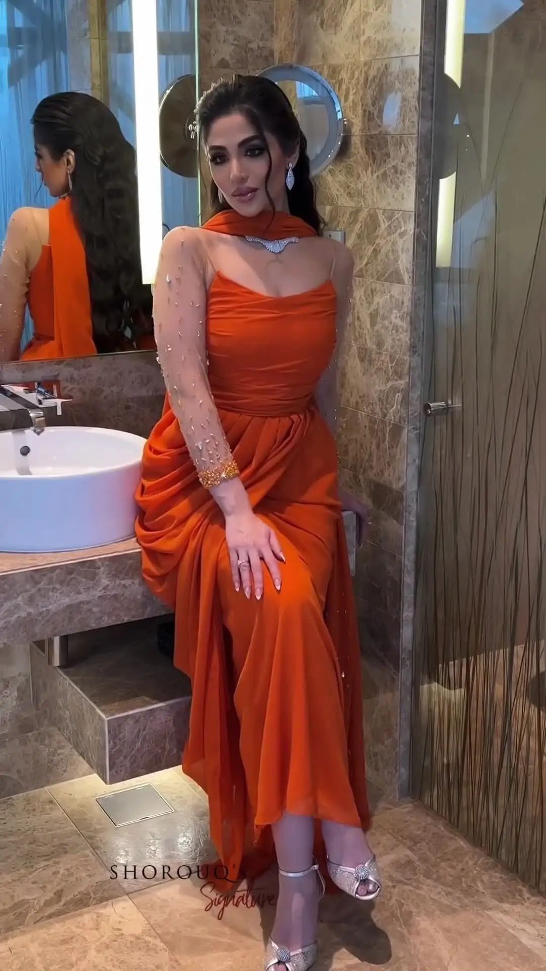 

Orange Chiffon Beaded Long Sleeves Prom Dresses Strapless Ankle Length Saudi Arabia Women's Formal Occasion Dress Evening Dress