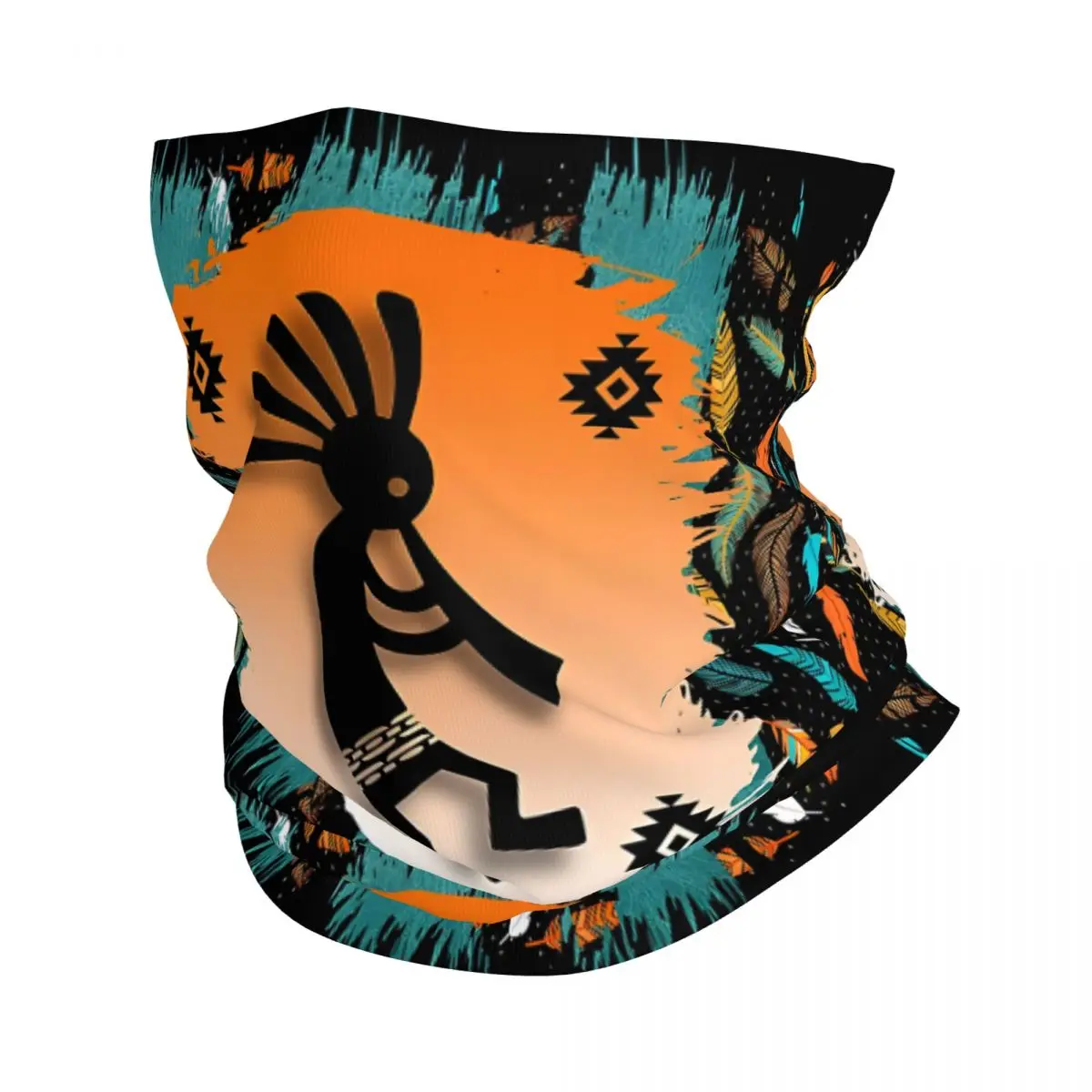 Kokopelli Tribal Symbol Pattern In Turquoise And Oranges Scarf Neckerchief Neck Face Mask Polyester