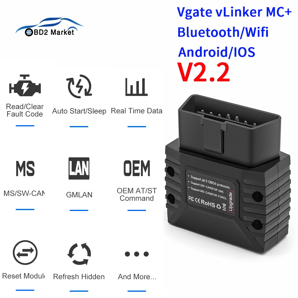 Vgate vLinker MC+ ELM327 V2.2 OBD2 Scanner Fault Code Reader Data Tool BimmerCode FORScan Check Engine Light Diagnostic for IOS