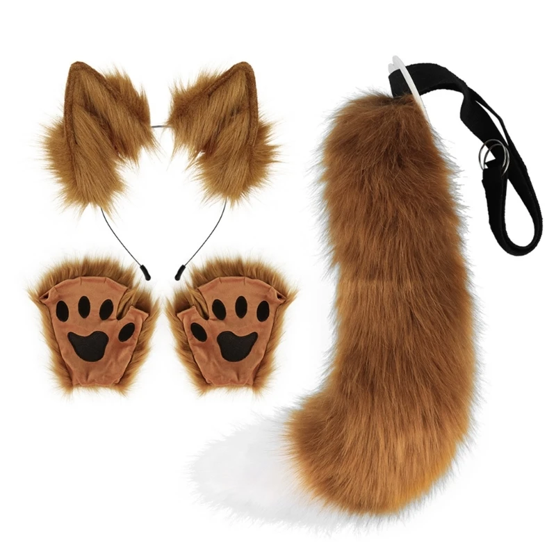 Y166 Faux Fur Cat-Foxes Ears Headband with Tail Set Tail,Foxes-Cat Ears Paw Gloves Tail Halloween Cosplay-Props