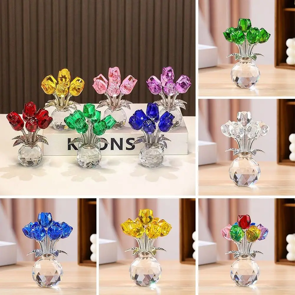 Romantic Crystal Rose Sculpture Colorful Reflect Crystal Rose Bundle Small Handmade Desktop Floral Decorations Home Decorations