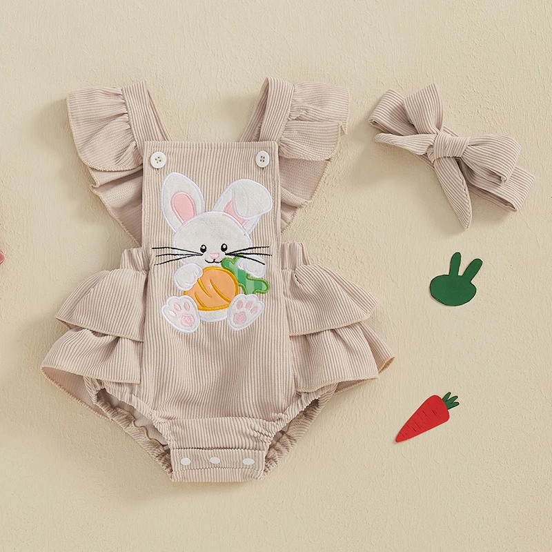 Baby Girls Easter Overall Romper Bunny Embroidered Flutter Sleeve Layered Ruffled Hem Jumpsuit Headband Adorable Outfits