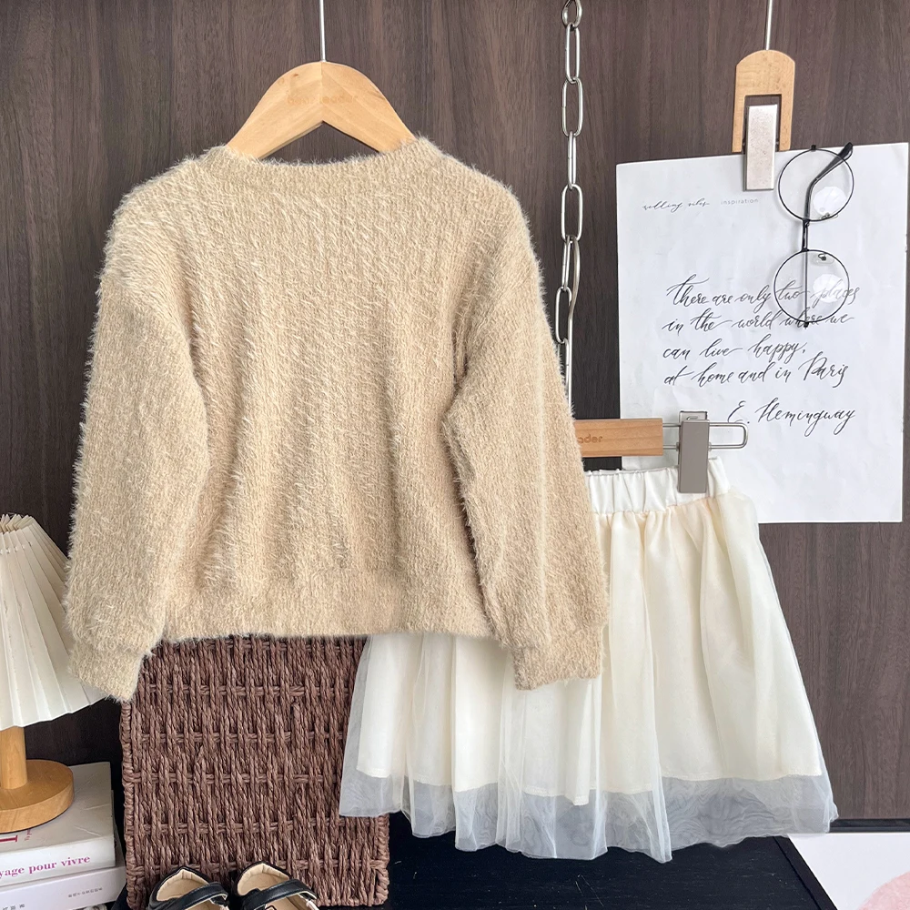 Autumn Fashion New Girls Clothes Khaki Bow Long Sleeved Top+White Mesh Skirt Korean Casual Children's Clothing Two-piece Set