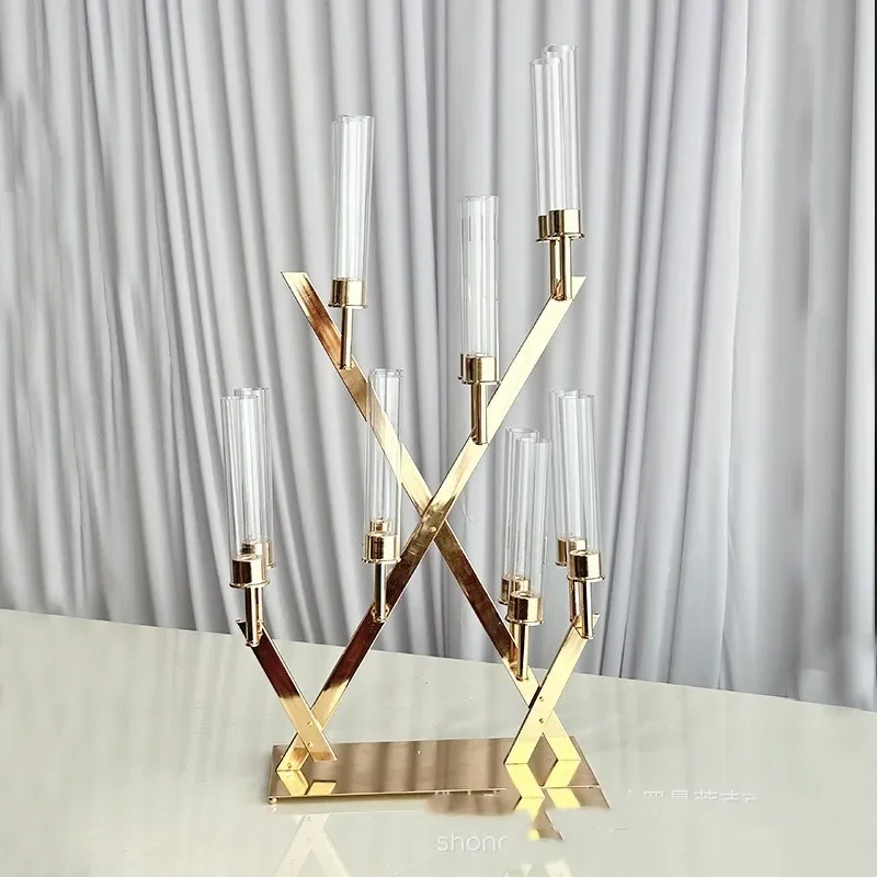 10 Stück 14-armige goldene Metall-Kandelaber-Tischdekorationen mit Glasschirmen, hohe Kerzenhalter für Hochzeiten, Events und Partys – Detail 1