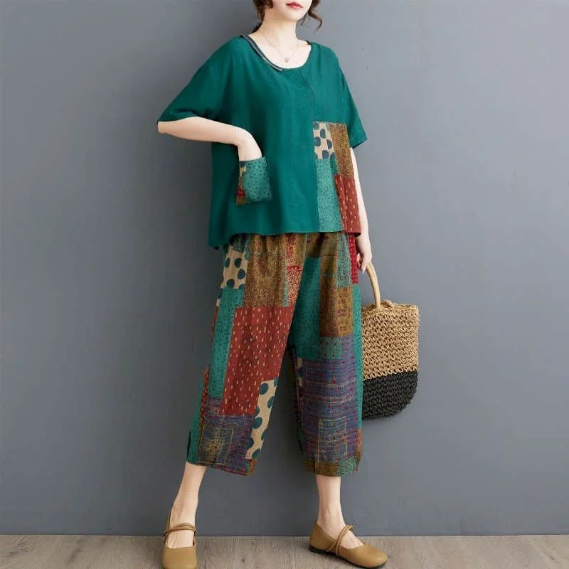 Set di pantaloni artistici Top patchwork vintage a maniche corte e pantaloni casual Set di due pezzi oversize in stile coreano Completi da donna