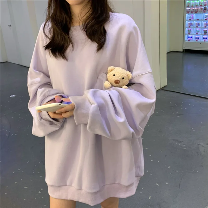 2024 Spring New Women Harajuku Kawaii Hoodie Soft Pullover Sweatshirt With Pocket Plush Bear Solid Outwear Oversize Casual Hoody