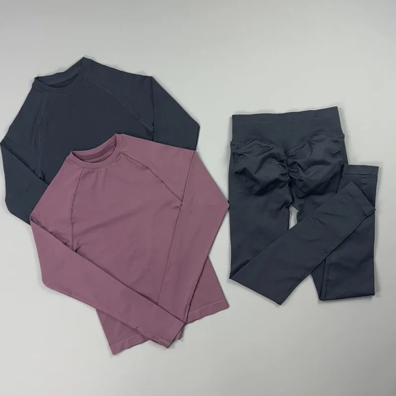 2 Pieces Gym Set Women Crew Neck Thumb Hole Long Sleeve Slim Crop Shirt Scrunch Butt Leggings Stretchy Soft  Yoga Pilates Suit