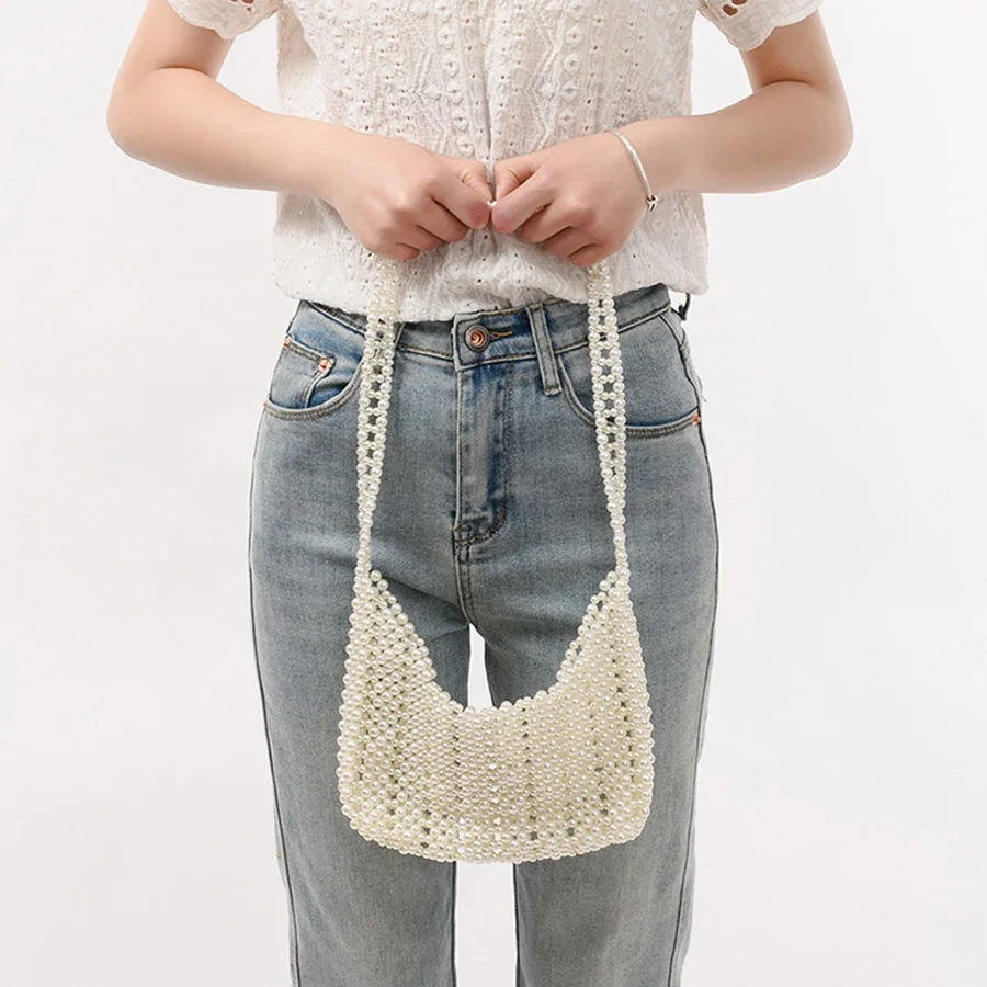 

Hand-Woven Beaded Handle Bag Evening Clutch Party Wedding Prom Purse Pearl Small Handbag Summer Handmade Beading Shoulder Bag