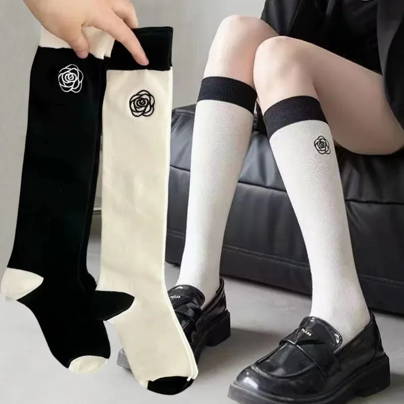 

Japanese Camellia Rose Socks Women Girls Winter Lolita Fashion Sweet Cotton Knee High Socks Warm Black White Simple Long Socks