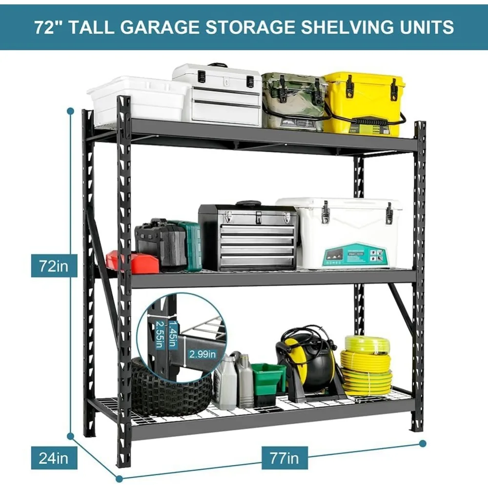 Rak Penyimpanan Logam 3 Tingkat yang Dapat Disesuaikan dan Kuat untuk Penyimpanan 6000LBS di Ruang Perkakas, Ruang Bawah Tanah, dan Bengkel