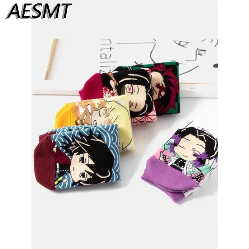 5 Pcs Anime Kimetsu No Yaiba Socks Cosplay Prop Anime Kamado Tanjirou Nezuko Cartoons Cotton Sock Halloween Party