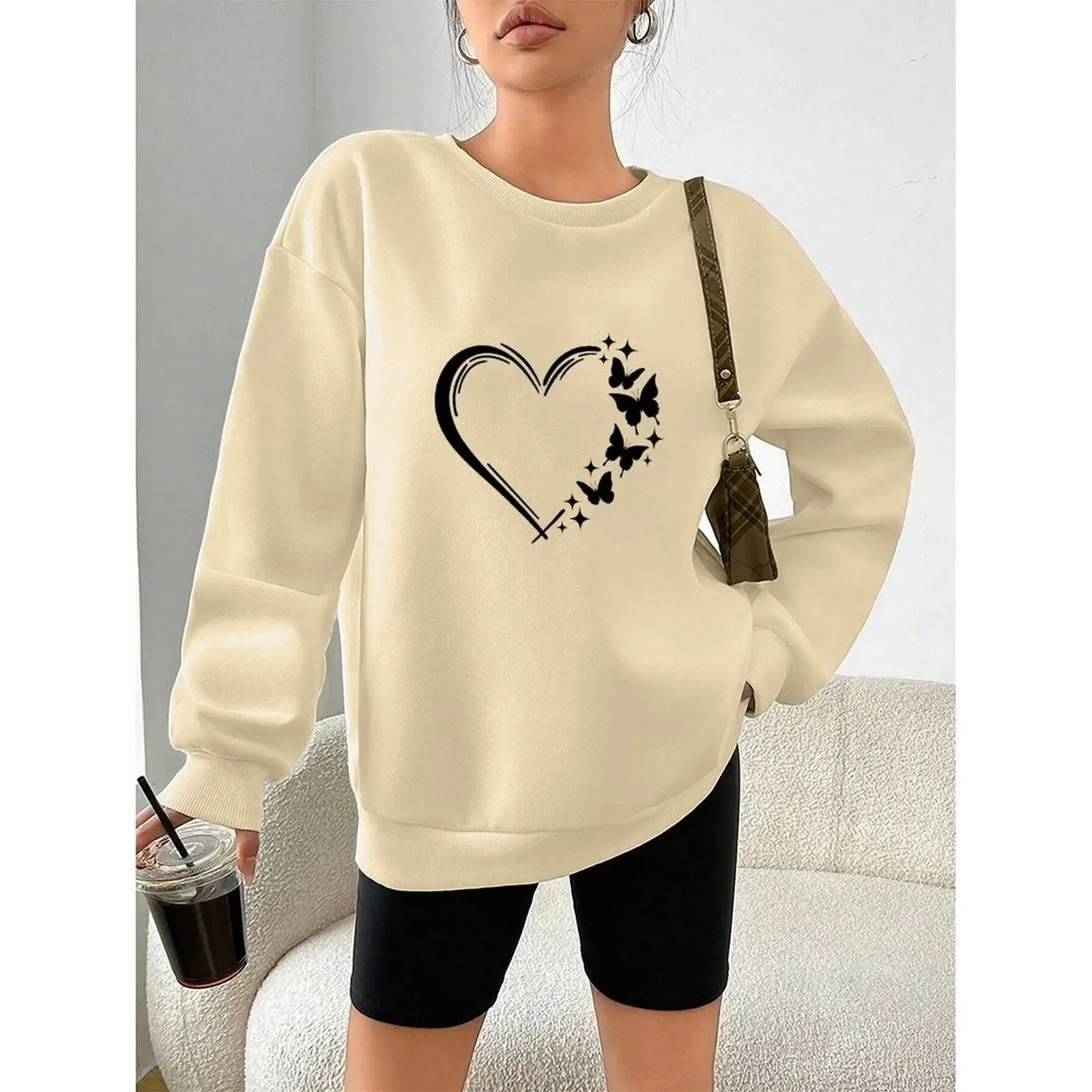 

Women's Sweater Round Neck Sweatshirts Velvet Winter Casual Printed Long-sleeved Pullovers Autumn Woman Clothes 2025