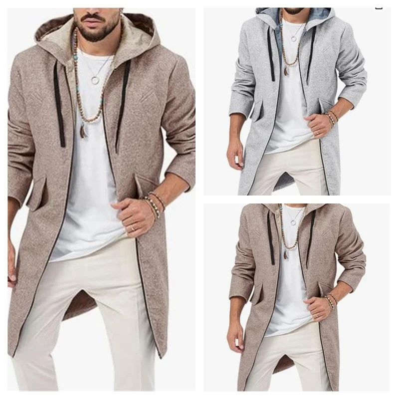 

In Stock European Version24New Woolen Men's Coat Multi-Pocket Hooded Jacket Burst Single Zipper Cardigan