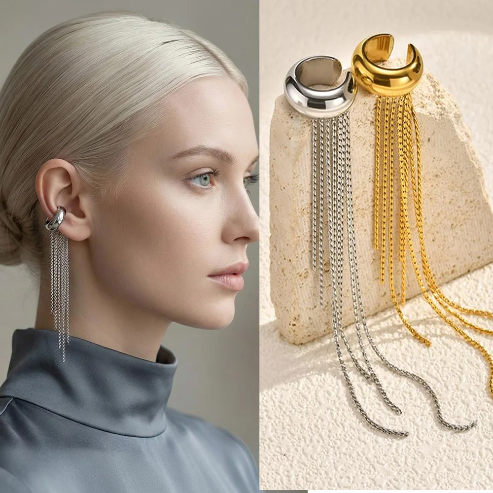 NONE Boucles d'oreilles pendantes longues couleur or sans nickel pour femmes, boucles d'oreilles clips sans perçage en acier inoxydable, manchettes d'oreille tendance