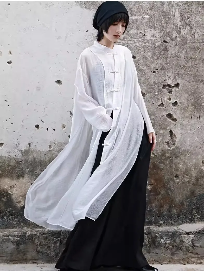 New Chinese Style Long Shirt Tang Suit Black Zen Tai Chi Practice Uniform Button up Shirt Dance Sword Black Zen Set Women's F...