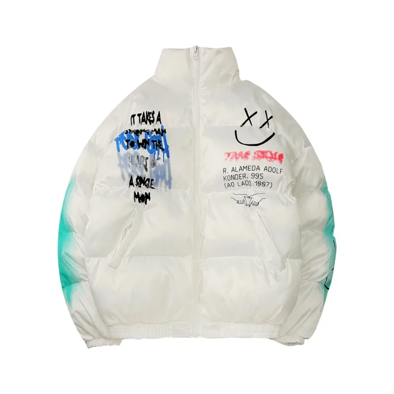 Winter Hip Hop warme Parkas Männer High Street Vintage glückliche Graffiti dicke gepolsterte Jacke Unisex Harajuku Puffer Outwear Mäntel 2023