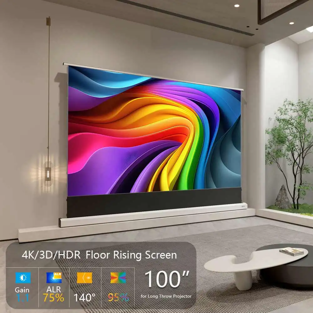 100 inch Electric ALR Rollable Floor Rising Projector Screen Grey 16:9 Ambient Light Rejecting for Long Throw Projector 4K 3D