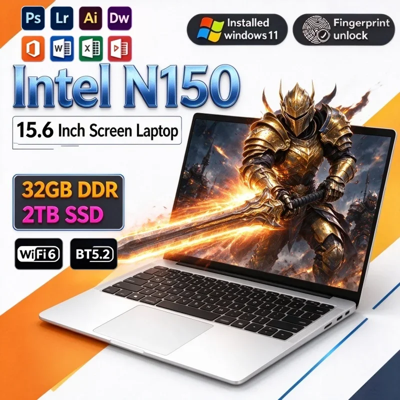Hot 2026 New Launch 15.6" Lightweight Mobile Notebook Intel I9-N150 32GB RAM 2TB SSD Win11 Business & Gamer PC
