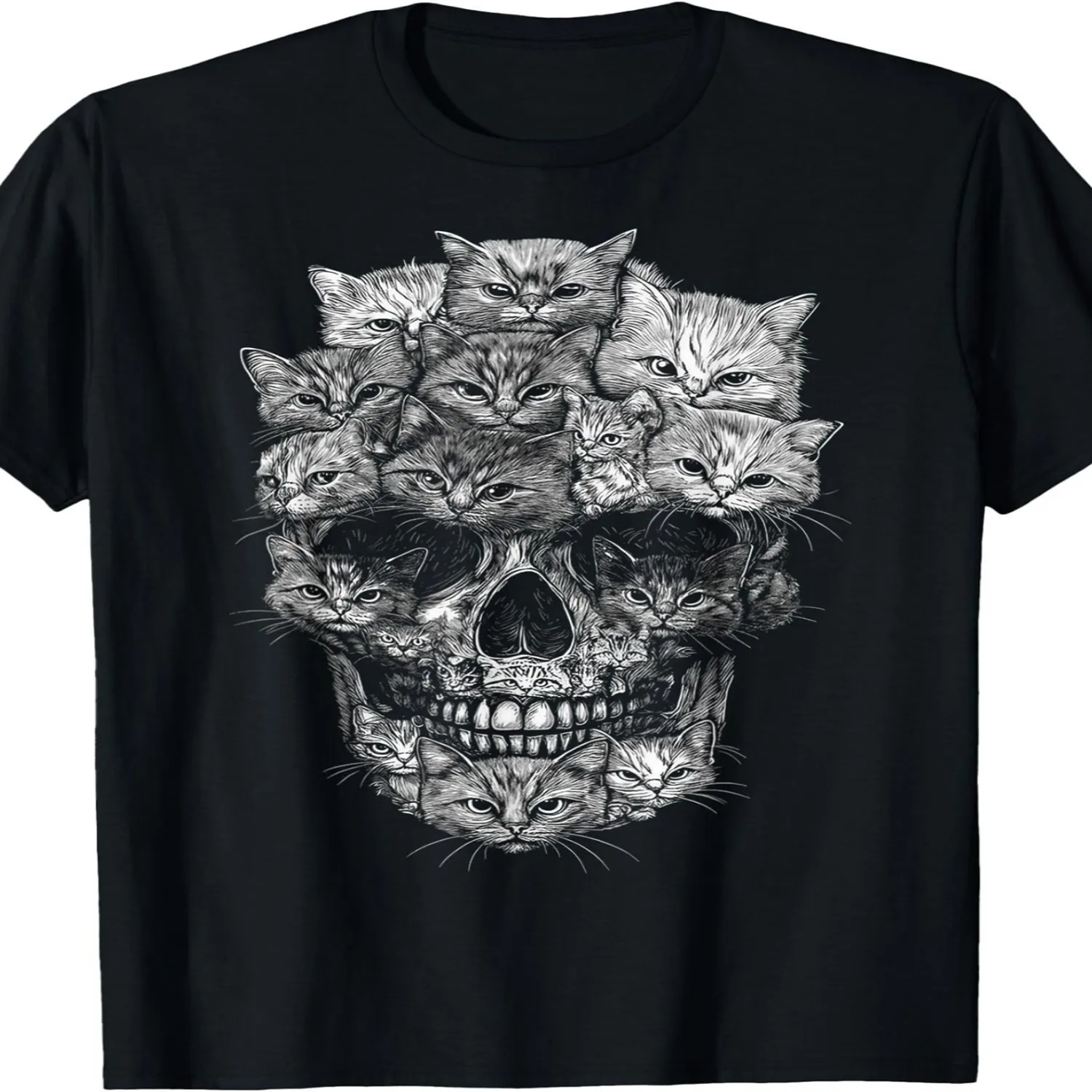 A T-Shirt Featuring a Cat Skull Design, Suitable for Everyone, with a Casual Crew Neck And Short Sleeves Made from Comfortable, This Trendy Top Is Perfect for Any Season, Offers Slight Stretch, Graphic Tee, Vintage Style Tee,